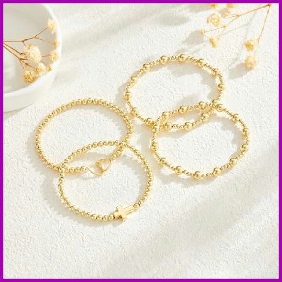 14K Gold Plated Beaded Bracelets Cross Necklace Set 6PCS Stackable - Picture 6 of 6